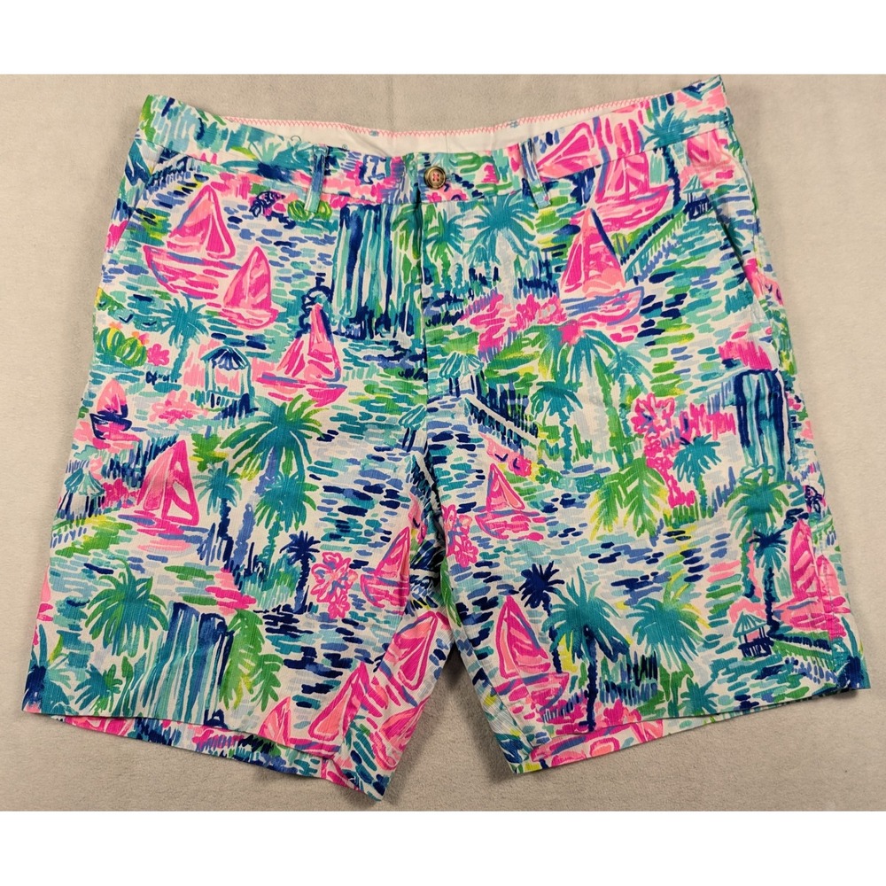Lilly Pulitzer Mens Beaumont Short 38 Multicolor Tropical Sailboat Palm Tree